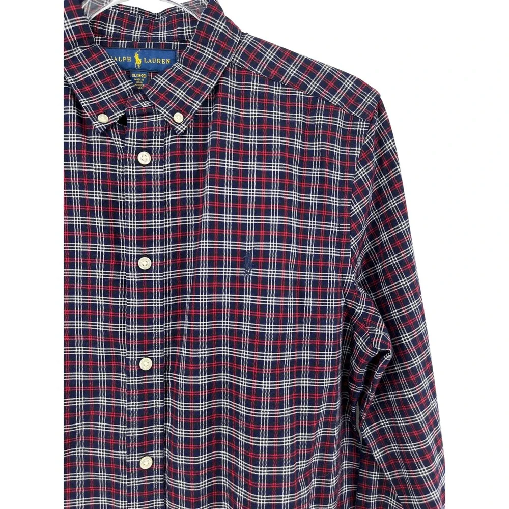 Boys Ralph Lauren‎ Plaid Button Down Shirt Long Sleeve Size XL 18-20 Navy Red